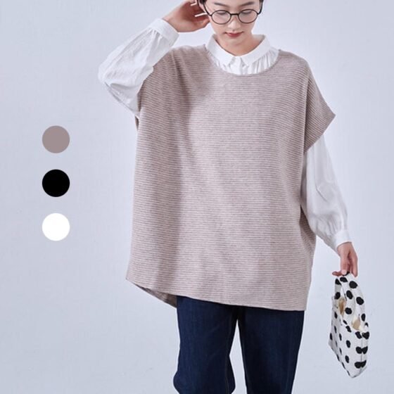 畝織りニット風カットソー・大きなベスト・チュニックベスト・暖かい凹凸畝素材 KNNT356